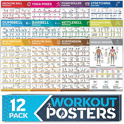 [12-PACK] Laminated Large Workout Poster Set - Perfect Workout Posters for Home Gym - Exercise Charts Incl. Dumbbell, Yoga Poses, Resistance Band, Kettlebell, Stretching & More Fitness Gym Posters - style: White