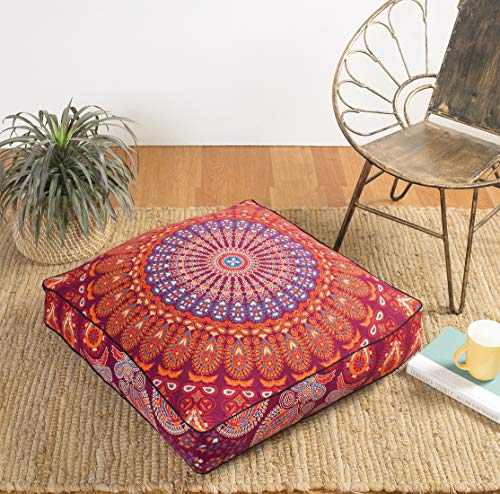 Popular Handicrafts Floor Pillow Cushion Cover - Hippie Mandala Square Ottoman Pouf Cover Indian Peacock Daybed Oversized Cotton Cushion Cover with Heavy Duty Zipper - Dog-Pets Bed, 22" Maroon - color: Maroon # 1_s, size: 22" x 22" (Pack of 1)