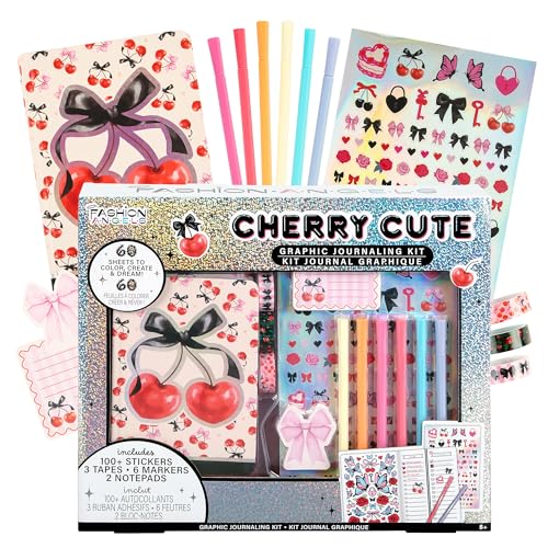 Fashion Angels Cherry Cute Graphic Journaling Kit | DIY Stationery & Writing Set with Journal, Notepads & More, Creative Arts & Crafts Gift for Ages 8+ - style: Cherry Cute