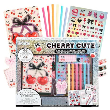 Fashion Angels Cherry Cute Graphic Journaling Kit | DIY Stationery & Writing Set with Journal, Notepads & More, Creative Arts & Crafts Gift for Ages 8+ - style: Cherry Cute