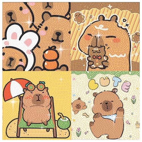 PERFECTSIGHT Cute 5D Diamond Art Kits, Kawaii DIY Painting Art for Adults Teen, 4 Pack Diamond Arts and Crafts Sets, Big Gem Full Drill Diamond Dots for Women (Capybara) - style: Capybara