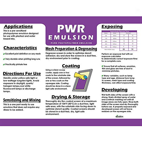 Ecotex® PWR Screen Printing Emulsion - Plastisol & Water Based Ink, 1 Qt | Premixed And Pre-Sensitized, Water Resistant Formula - Works With LED, DIY Halogen, Or UV Exposure Units - 1 Quart - size: Quart - 32 oz.
