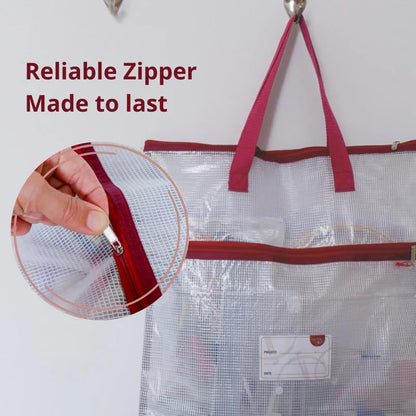 Madam Sew Project Bag - Craft Bag Organizer Tote with Handles, Two Pockets, See-Through Mesh, and Card Slot – Perfect for Quilting, Knitting, Stitching and Embroidery Projects Storage - 16”x16” - color: Light Pink