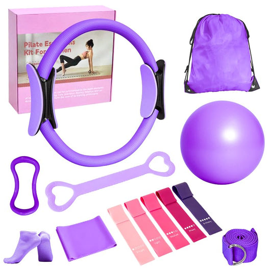 Home Pilates Essentials Kit for Women, with 5 Resistance Bands - Magic Circle Pilates Kit for Home Toning, Includes Yoga Ball, Stretch Strap & Gym Bag (13-Piece Complete Starter Set) - color: Purple