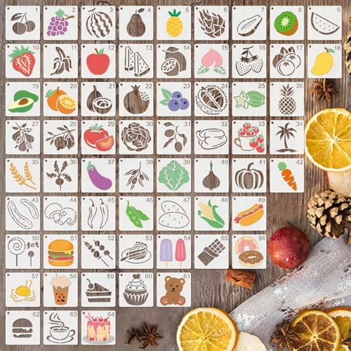 Fruit Stencils for Painting, 64 Pcs 3 Inch for Cards Rocks DIY Crafts | Reusable & Easy to Clean, Kitchen & Summer Accents, Gift Tags, Journals, Scrapbooks, Beginner Friendly - color: Fruit