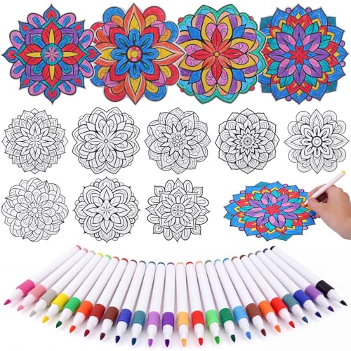 Potchen 48 Pcs Stained Glass Mandala Art Kit DIY Window Clings with Markers Color Your Own Suncatchers for Adults Hobby Teens Women Elderly Home Decor Gift (Floral) - style: Floral