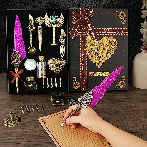 Aifeiter Feather Quill Pen Ink Set - Calligraphy Set, Wax Seal Stamp, Purple Ink, Beautiful Gift, Christmas Gifts - color: Purple