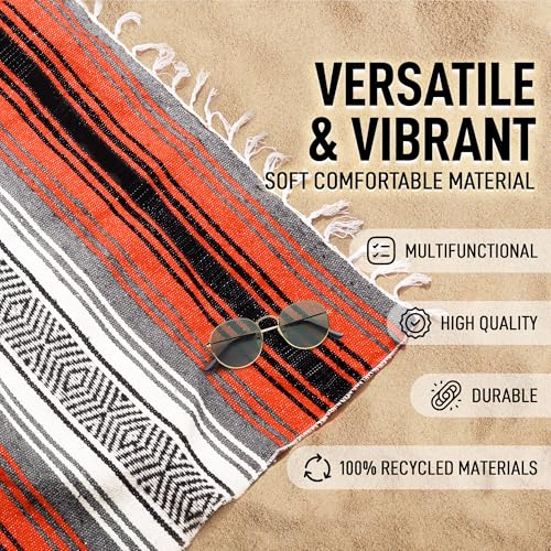 Hydration Nation Authentic Extra Large Mexican Blanket (70"x50") - Handwoven Yoga, Serape - Artisanal Falsa, Beach, Camping, Picnic, Outdoor(Orange) - color: Orange