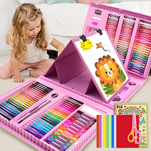 208 PCS Art Supplies Kit for Kids Girls Boys Ages 6-12, Drawing Set with Trifold Easel, Includes Coloring Book, Scissors, Sticker, Origami Paper Crayons, Markers, Colored Pencils, Watercolors - color: Pink