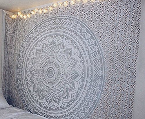 raajsee Glittering Silver Grey Tapestry Wall Hanging Mandala-Bohemian Room Decor-Indian Cotton Throw Hippie Tapestries -Queen bedspread 82x92 inches - color: White Silver Ombre, size: 92"L x 82"W