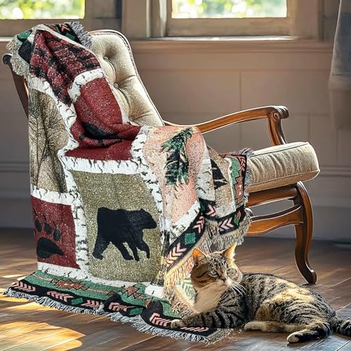EZ. enjoy Geometric Woodland Moose Bear Tapestry Throw Blanket | 50"x60" Lodge patchwork wall hanging art,jacquard woven,soft travel mat,fringe tassels,multipurpose indoor outdoor - color: Wildlife01