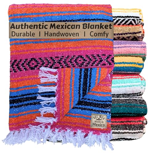 Del Mex Classic Mexican Blanket, Large Authentic Woven Falsa Throw (70"x50"), Artisan Southwest Décor for Beach, Yoga, Outdoors (Turquoise/Pink/Orange) - color: Turquoise/Pink/Orange