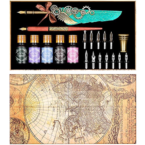 Feather Calligraphy Pen Ink Set, Mechanical Feather Pen and Wooden Dip Pen, 5 Colors of Ink, 12 Replacement Nibs, Pen Holder, Envelope and Letter Paper (Green)