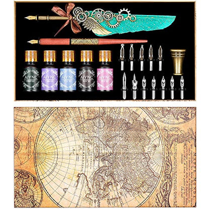 Feather Calligraphy Pen Ink Set, Mechanical Feather Pen and Wooden Dip Pen, 5 Colors of Ink, 12 Replacement Nibs, Pen Holder, Envelope and Letter Paper (Green)