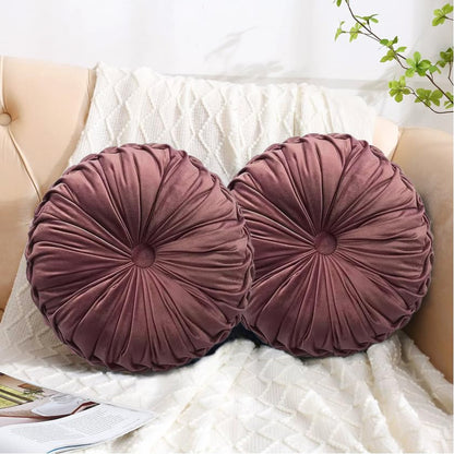 HIG Set of 2 Dusty Rose Velvet Decorative Round Pleated Throw Pillows - color: Dusty Rose