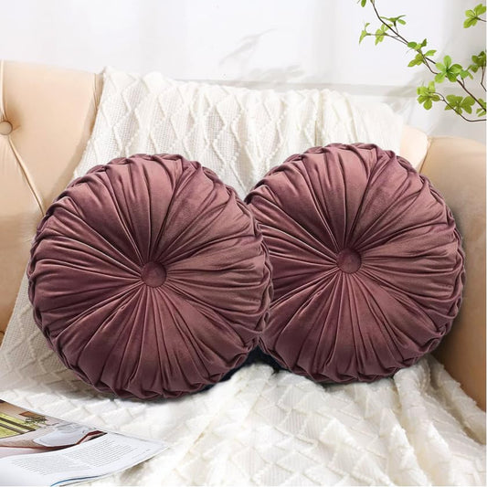 HIG Set of 2 Dusty Rose Velvet Decorative Round Pleated Throw Pillows - color: Dusty Rose