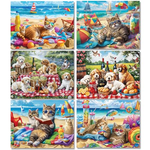DOTSOPS 6 PcsCat Dog Diamond Painting Kits for Adults Art Painting Kit | Crafts DIY 5D Diamond Art Packs Kits,Round Full Drill for Adults,Beginner Home Wall Decoration Gift 11.8 x 15.7 Inches - color: Cat Dogs