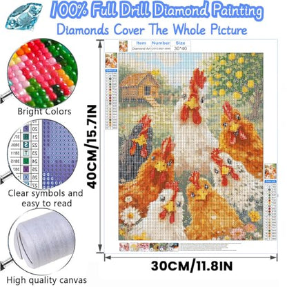 Chicken Diamond Painting Kits for Adults, Animal Diamond Art for Adults | Full Round Drill Paint by Diamond, Chicken Diamond Art Painting, Gem Arts and Crafts for Adults Beginners 12x16 Inch - color: Chicken
