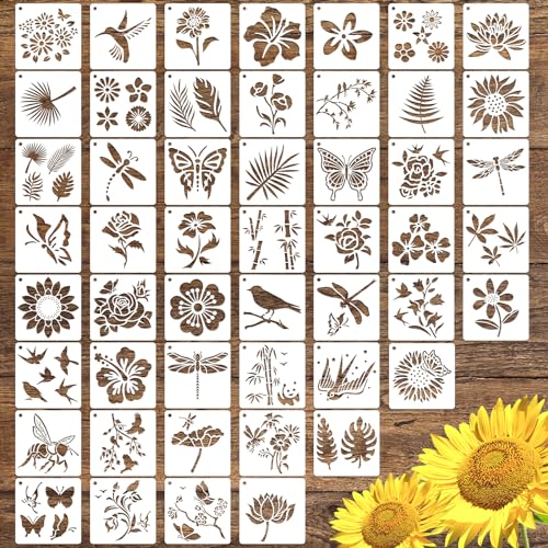 50 PCS Flower Painting Stencils Reusable Flower Stencils for Painting on Wood Rocks Canvas Fabric Glass Pottery 4x4 Inch - color: Flower Plant
