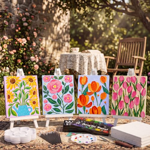 Cholemy 36 Pcs Paint and Sip Kit Gift for Adults 8''x10'',Fresh Flowers | Pre Drawn Canvas, Painting DIY Afro Acrylic Painting Kit, Wood Easel Brushes, Date Night Bulk, Summer Halloween Party - style: Fresh Flowers