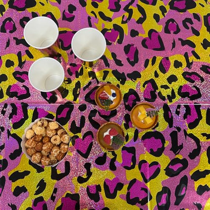 OQOQ Leopard Print Party Decorations Tablecloth (Pink and Gold, 4 Packs), 54x108inches Shimmer Shining Table Cloth Plastic Disposable Table Cover for Girl Sparkly Paint Splatter Cheetah Birthday Party