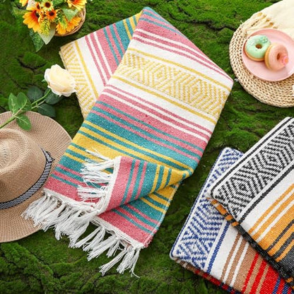 Preboun 4 Pcs Large Mexican Yoga Blanket Pack 45 x 70 Inch Thick Woven Camping Picnic Beach Car Travel Throw Blanket Outdoor Patio Mat Towel - color: Yellow, Blue, Orange Green, Pink Blue