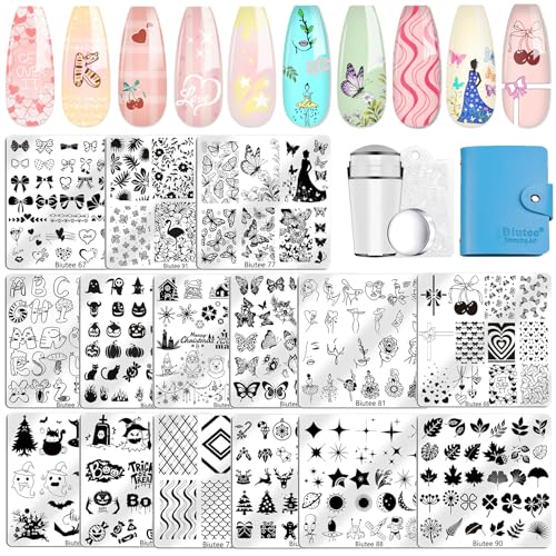 Biutee Nail Stamping Plate 15 PCS Nail Stamping Kit with Nail Stamper | Nail Art Stamping Plate with Scraper & Storage Bag, Nail Stamper Kit Star Bowknot Love Butterfly Leaf Design for DIY Nail Art - color: 19 Piece Set