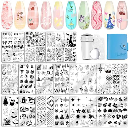 Biutee Nail Stamping Plate 15 PCS Nail Stamping Kit with Nail Stamper | Nail Art Stamping Plate with Scraper & Storage Bag, Nail Stamper Kit Star Bowknot Love Butterfly Leaf Design for DIY Nail Art - color: 19 Piece Set