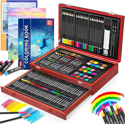 iBayam Art Supplies,150-Pack Deluxe Art Set Crafts Drawing Painting Kit | 2 -Sketch Pads, 1-Coloring Book, Wooden Gift Box for Kids Adults Artist Beginners Teens Girls Boys 5 6 7 8 9 10 11 12 - color: Cherry