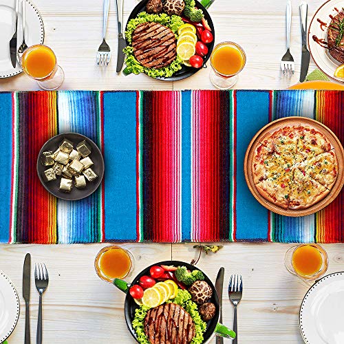Fowecelt Mexican Serape Table Runner 14 x 84 Inch Hand-Woven Blanket Colorful Striped Mexican Fringe Cotton for Fiesta Table Runner for Outdoor Picnics Dining Party Wedding Decorations - color: Blue, size: 84" x 14" (Runner)