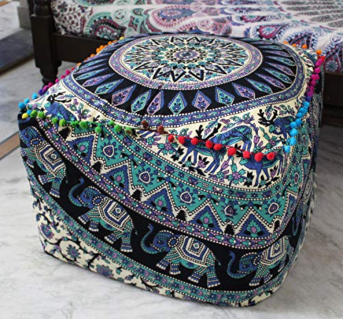 Green Deer Elephant Mandala Floor Pillow Cover 18x18x14 Inch Handmade Cotton Meditation Cushion Cover Square Ottoman Pouf Cover Bohemian Floor Seating Pillow for Living Room Bedroom Decor (Cover Only)