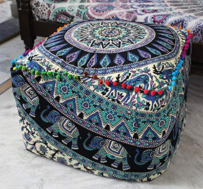 Green Deer Elephant Mandala Floor Pillow Cover 18x18x14 Inch Handmade Cotton Meditation Cushion Cover Square Ottoman Pouf Cover Bohemian Floor Seating Pillow for Living Room Bedroom Decor (Cover Only)