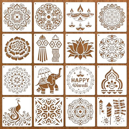 Konsait 16 PCS Diwali Rangoli Stencils for Painting on Wood, Reusable Mandala Stencils Templates Diyas Marigold Flower Rangoli Stencil for Diwali Crafts Decorations for Home