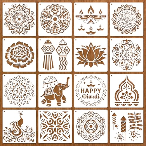 Konsait 16 PCS Diwali Rangoli Stencils for Painting on Wood, Reusable Mandala Stencils Templates Diyas Marigold Flower Rangoli Stencil for Diwali Crafts Decorations for Home