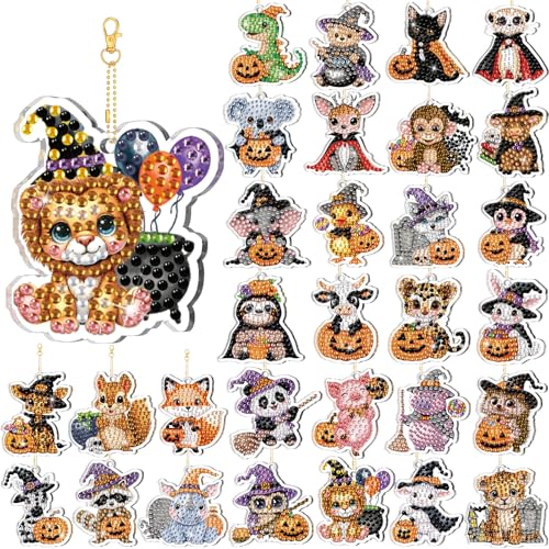 WILLBOND 30 Pcs Halloween Animal Diamond Art Painting Keychain Ornaments | Double Sided DIY Halloween Animals Diamond Painting Keychain Kits for Adults Key Ring Art Pendant Tree Decor - color: Halloween Animal