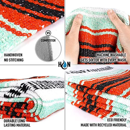 Hydration Nation Authentic Extra Large Mexican Blanket (70"x50") - Handwoven Yoga, Serape- Artisanal Falsa, Beach, Camping, Picnic, Outdoor (Mint-Orange) - color: Mint Orange