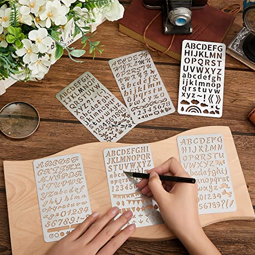 Lewtemi 6 Pcs Metal Wood Burning Stencils, Letter Style Letters Numbers | Engraving Templates for Journaling Crafts, Uppercase Lowercase Symbols, Reusable in Wood Carving Scrapbooking Projects - style: Letter Style