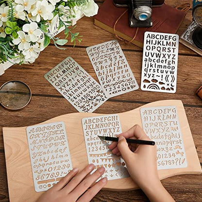 Lewtemi 6 Pcs Metal Wood Burning Stencils, Letter Style Letters Numbers | Engraving Templates for Journaling Crafts, Uppercase Lowercase Symbols, Reusable in Wood Carving Scrapbooking Projects - style: Letter Style