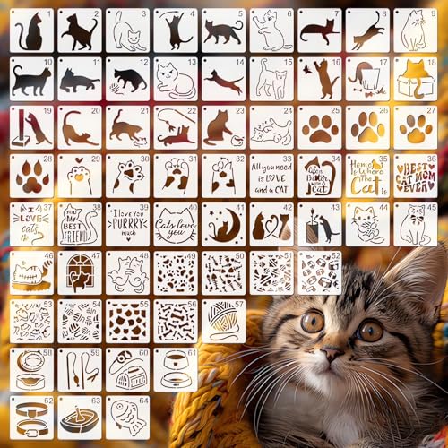 Cat Stencils for Painting, 64 Pcs 3 Inch for Cards Rocks Kids Crafts | Reusable & Easy to Clean, Pet Theme Patterns, Gift Tags, Journals, Scrapbooks, Beginner Friendly - color: Cat
