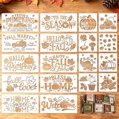 Sitsink Fall Stencils for Painting Pumpkin Maple Leaves Template Wall Mat | 20 reusable PET stencils,pumpkin maple leaf harvest autumn seasonal painting templates for DIY crafters mat rug wall canvas - style: hello fall
