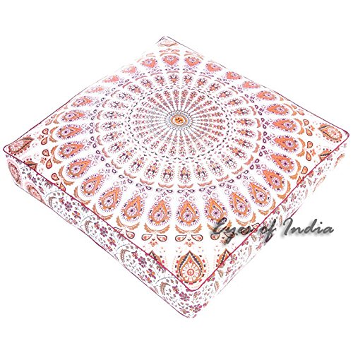 Mandala Floor Pillow Cover Meditation Cushion Seating Throw Hippie Round Colorful Decorative Bohemian Indian Pouf Ottoman Handmade Cover ONLY (Orange N1, 35" x 35") - color: Orange N1, size: 32" x 32" (Pack of 1)