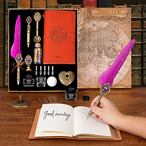 Aifeiter Feather Pen and Ink Set, Quill Pen Set, Wax Seal Stamp Set, Feather Calligraphy Pen Set, Beautiful Gift Calligraphy Set, Christmas Gifts - Purple - color: Purple