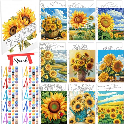 Blosssound 10 Set Pre Printed Canvas Pre Drawn Canvas Painting with Easel Kits 5" x 7" Outline Painting Panels for Beginners, DIY Craft Project, Home Decors(Sunflower) - style: Sunflower