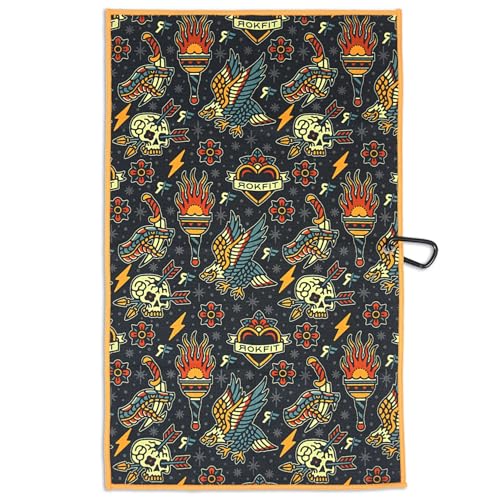 RokFit Gym & Golf Towel – Multi-Use, Quick-Dry, Durable Utility Towel with Bold Graphic and Carabiner Clip (Tattoo Flash Pattern) - color: Tattoo Flash Pattern