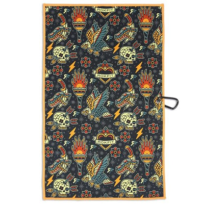 RokFit Gym & Golf Towel – Multi-Use, Quick-Dry, Durable Utility Towel with Bold Graphic and Carabiner Clip (Tattoo Flash Pattern) - color: Tattoo Flash Pattern