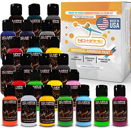 NO-NAME Brand. All-in-One Airbrush Paint Set - 24 Colors, Made In USA, Including Metallic and Neon - Opaque & Water-Based Acrylic Paint - Ideal for Plastic Models, Metal, and Ready To Spay - Perfect for Artists, Beginners, and Pro