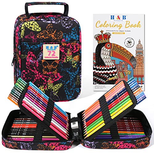 H & B 72 Colored Pencils Set with Case for Adult Coloring & Beginners | Oil-Based Soft Cores, Vibrant Blendable Colors, Pre-Sharpened, with Coloring Book, Sharpener & Eraser, Portable Travel Case - size: 1 count (Pack of 72), style: 1-Butterfly (Basic)
