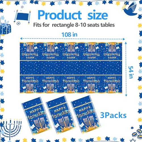 3 Pcs Hanukkah Plastic Tablecloth Happy Hanukkah Theme Tablecover Disposable Jewish Festival Tablecloths for Home Party Decorations Supplies 54 x108 in - color: Hanukkah