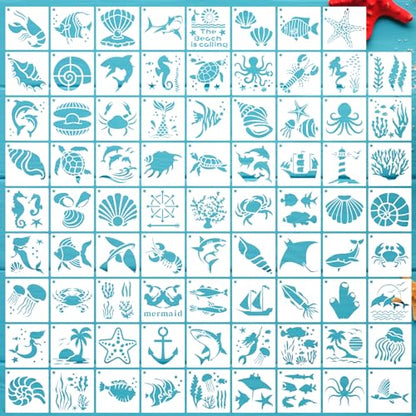 80 Pcs 3 x 3 Inch Stencils for Painting on Wood, Reusable Sea Ocean Creatures Mermaid Dolphin Shark Plastic Stencils DIY Craft Paint Template Set for Wall Home Decor - style: Ocean