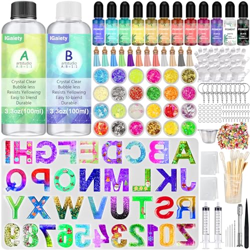 IGaitey Epoxy Kit with Reverse Alphabet Molds for Keychain Pendant | Beginner-Friendly Resin Kit with Backward Letter Molds, 169 Pcs Pigments & Tools for Adult DIY Jewelry Casting - size: Alphabet 100ml
